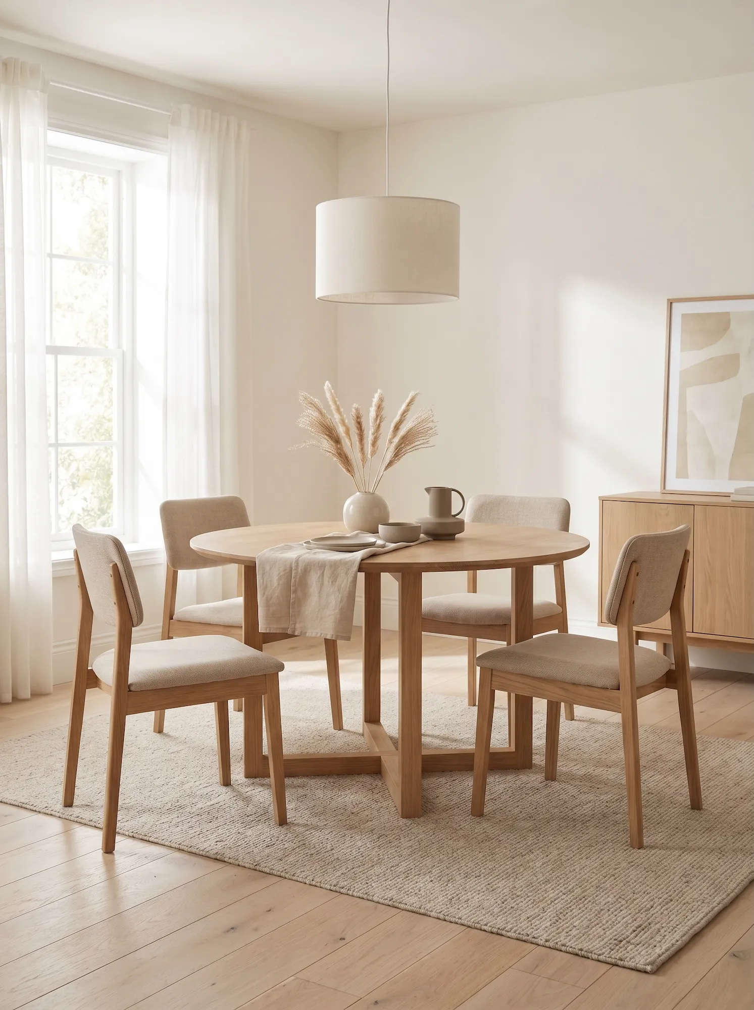 Round oak dining table with four seats in a soft neutral dining room